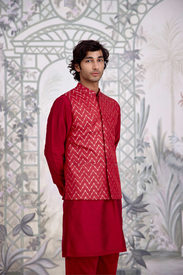 Maroon Kurta & Waistcoat Set.