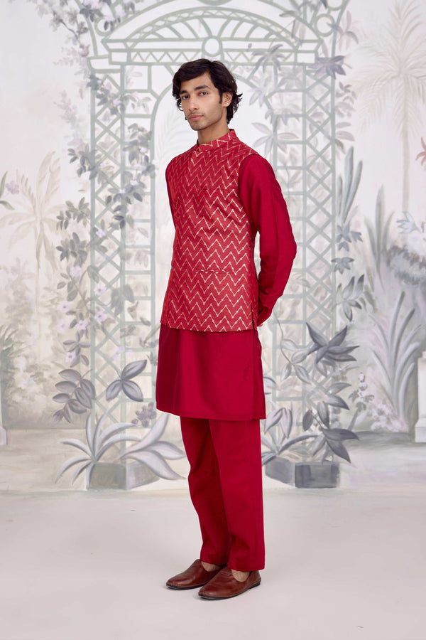 Maroon Kurta & Waistcoat Set.