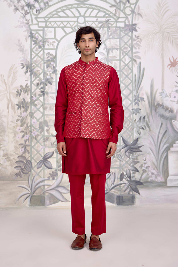 Maroon Kurta & Waistcoat Set.
