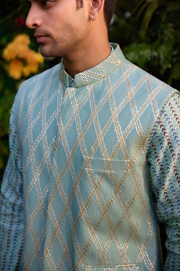 Smoke Green Kurta & Waistcoat Set