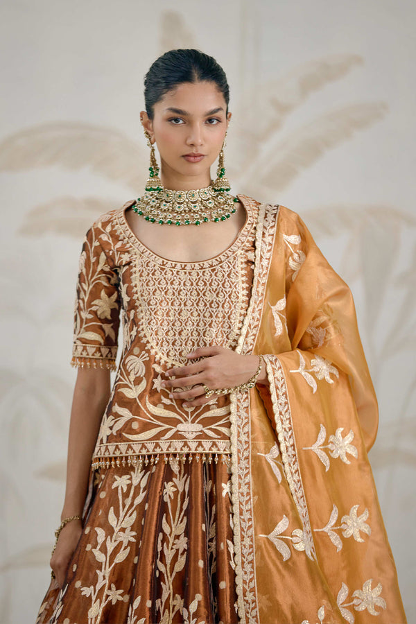 Coffee Brown Kurti-Lehenga Set.