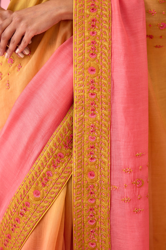 Yellow Pink Ombre Saree Set.