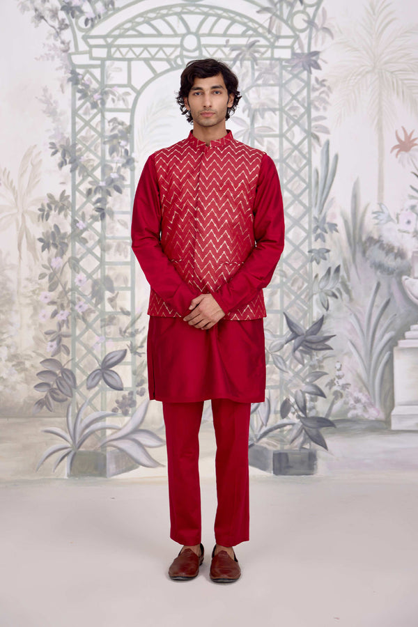 Maroon Kurta & Waistcoat Set.