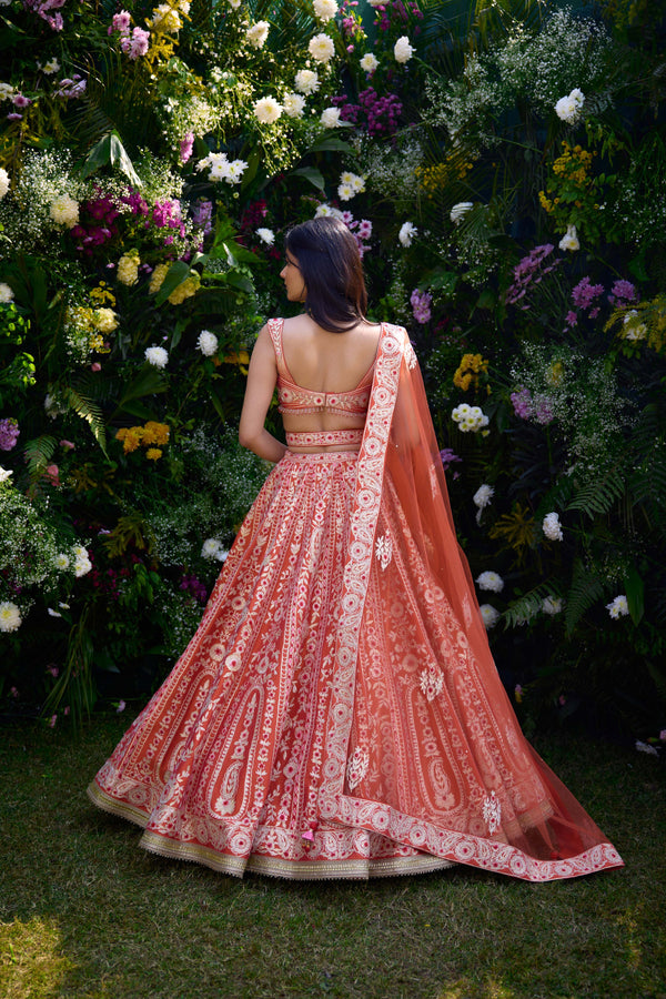 Vermilion Orange Lehenga Set.