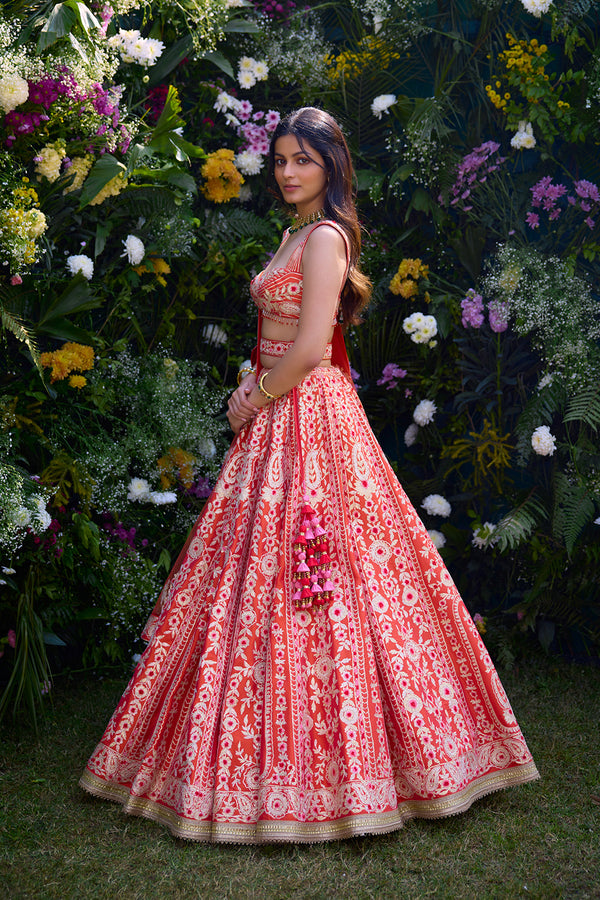 Vermilion Orange Lehenga Set.