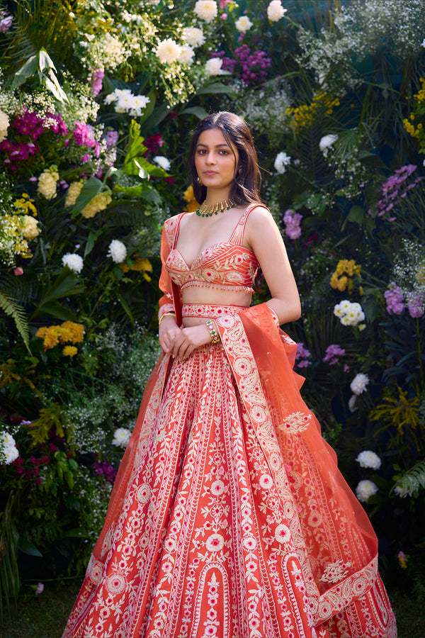 Vermilion Orange Lehenga Set.