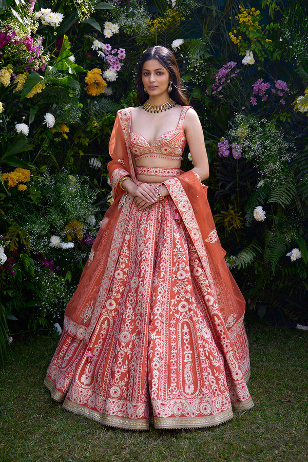 Vermilion Orange Lehenga Set.