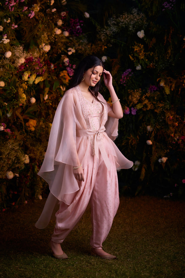 Shell Pink Cape Dhoti Set