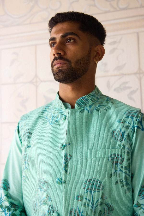 Plume Blue Kurta & Waistcoat Set.