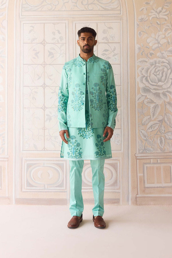 Plume Blue Kurta & Waistcoat Set.