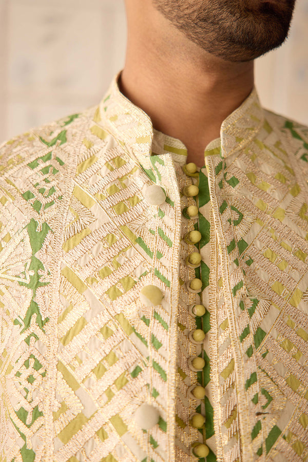 Ivory Jade Green Kurta & Waistcoat Set.