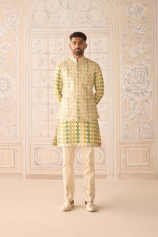 Ivory Jade Green Kurta & Waistcoat Set.