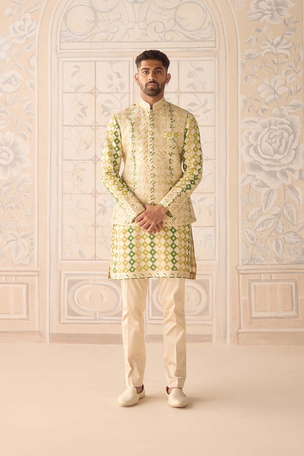 Ivory Jade Green Kurta & Waistcoat Set.