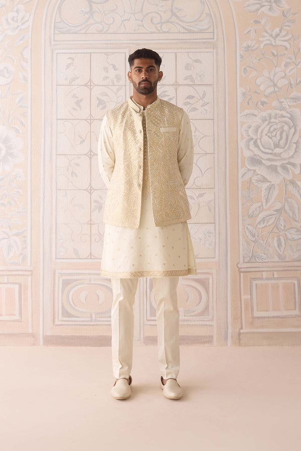 Egret Ivory Kurta & Waistcoat Set.