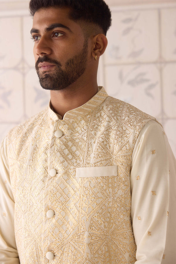 Egret Ivory Kurta & Waistcoat Set.
