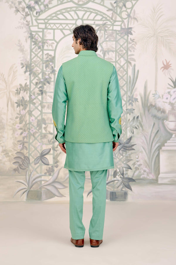 Green Kurta & Waistcoat Set.