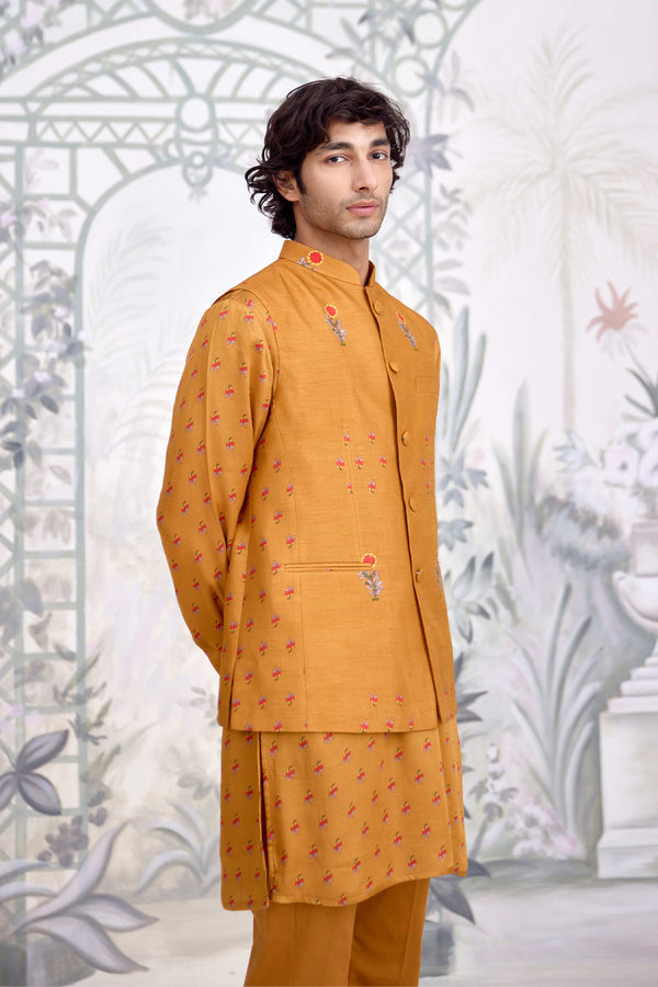 Mustard Kurta & Waistcoat Set.