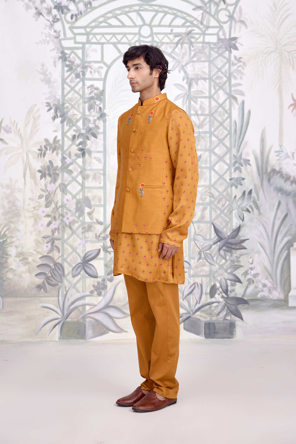 Mustard Kurta & Waistcoat Set.