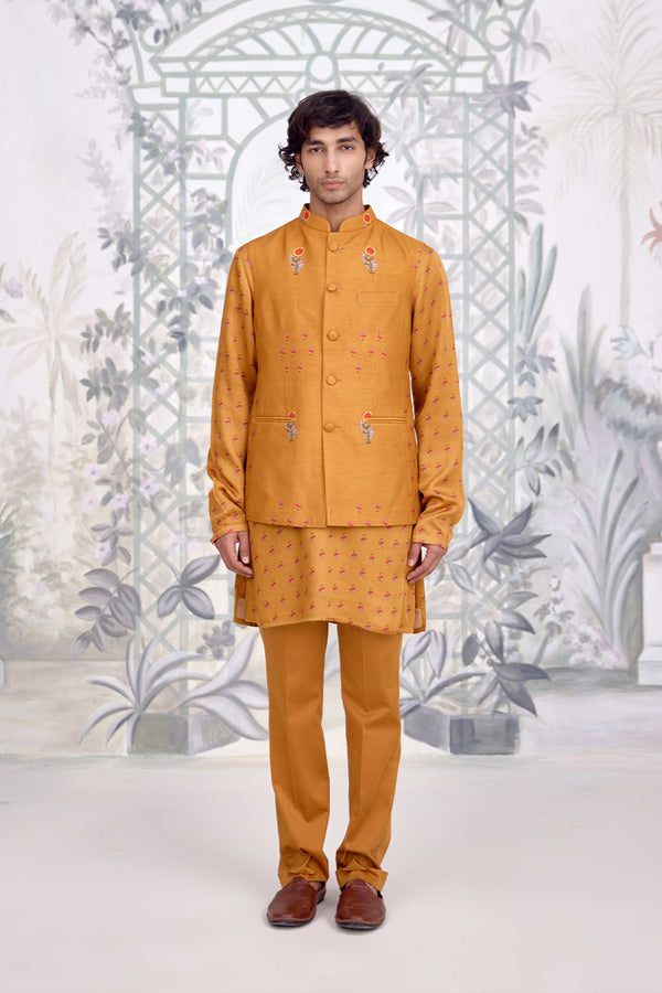Mustard Kurta & Waistcoat Set.