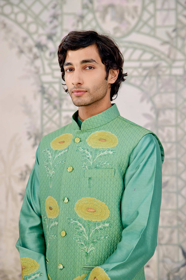 Green Kurta & Waistcoat Set.