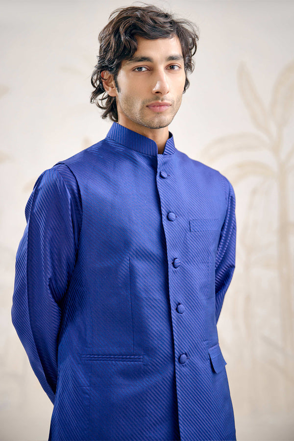 Midnight Blue Kurta & Waistcoat Set.