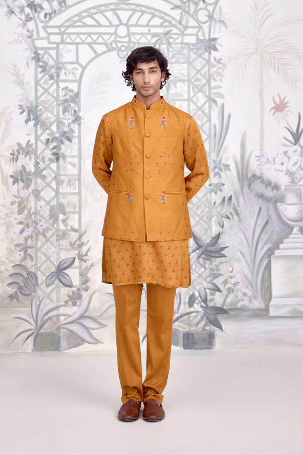 Mustard Kurta & Waistcoat Set.