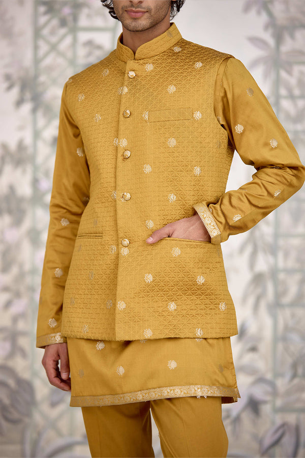 Mustard Kurta & Waistcoat Set.