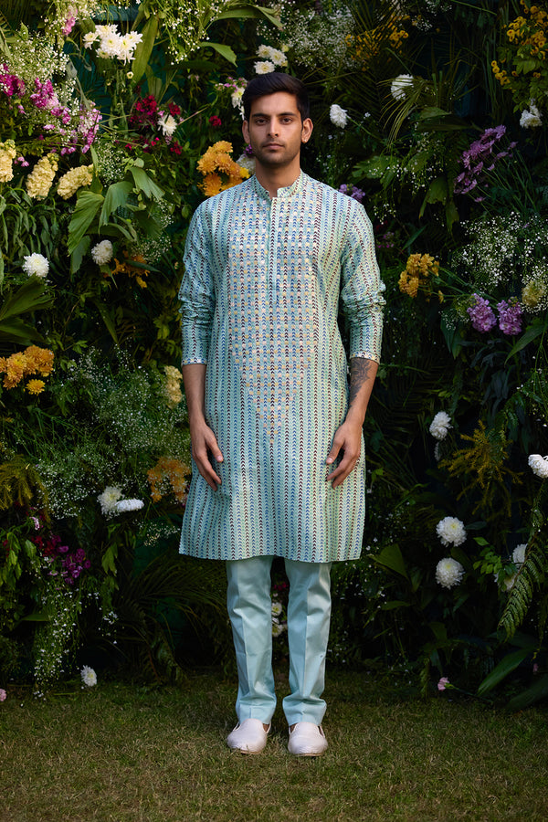 Smoke Green Kurta & Waistcoat Set