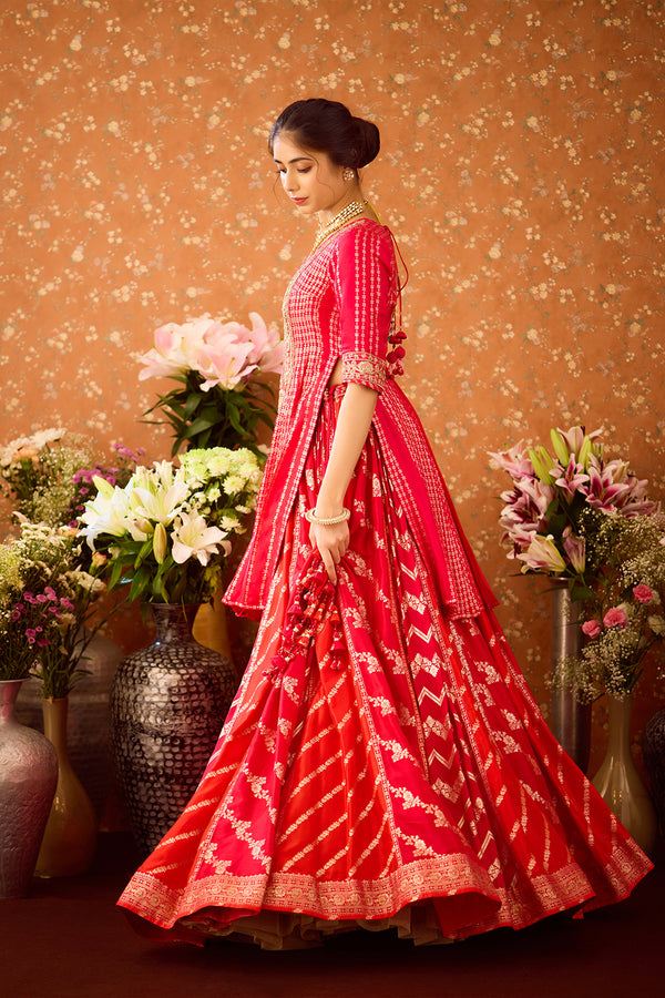 Scarlet Red Kurta Lehenga Set.