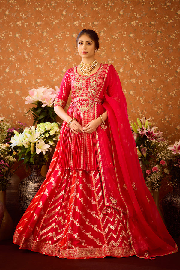 Scarlet Red Kurta Lehenga Set.