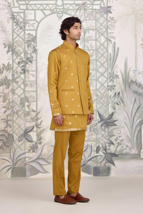 Mustard Kurta & Waistcoat Set.