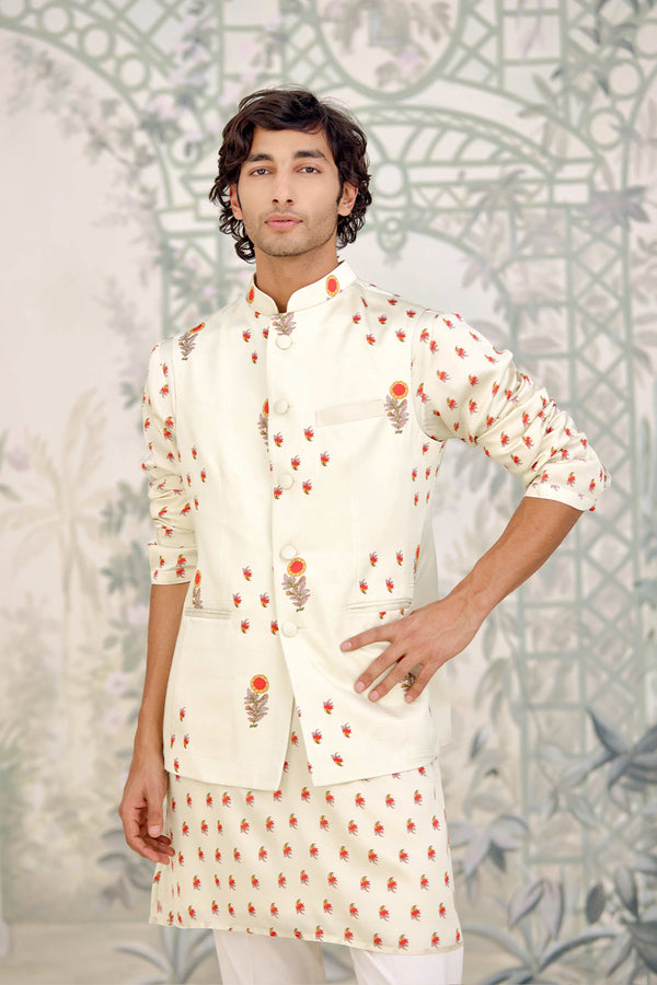 Off-White Kurta & Waistcoat Set.