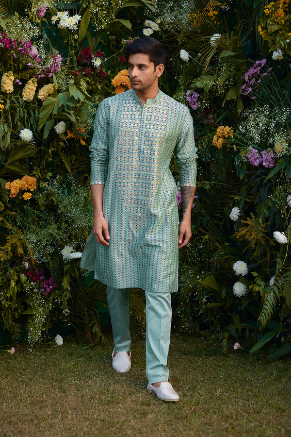 Smoke Green Kurta & Waistcoat Set