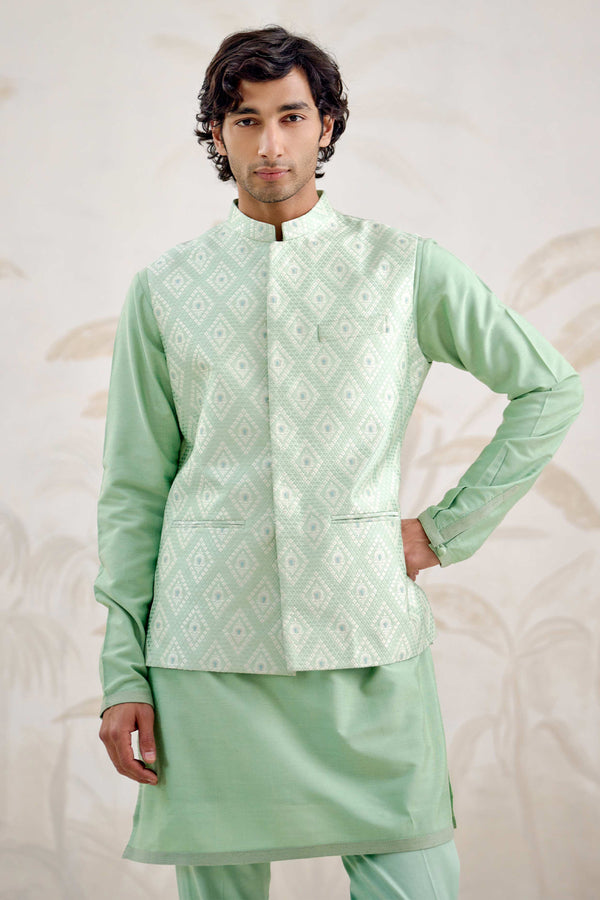 Sea Green Kurta & Waistcoat Set.