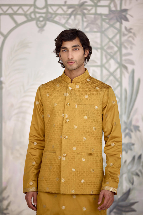 Mustard Kurta & Waistcoat Set.