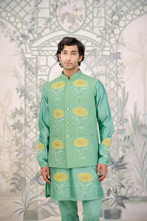 Green Kurta & Waistcoat Set.