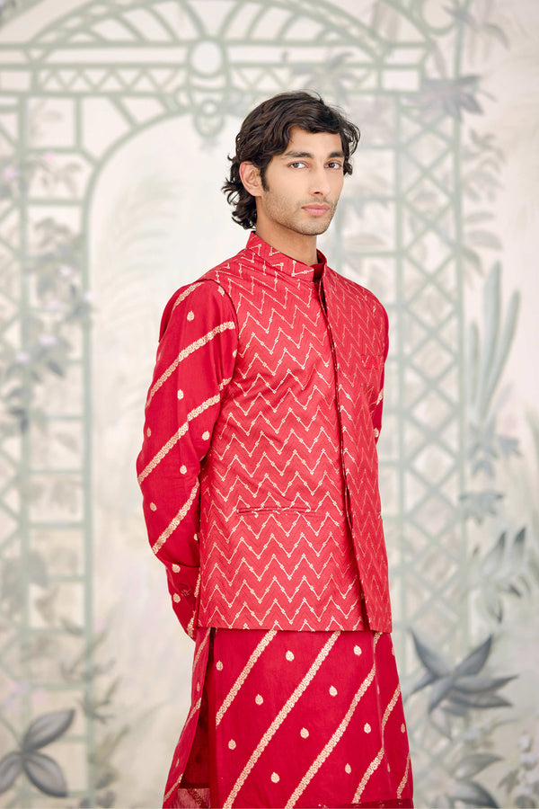 Maroon Kurta & Waistcoat Set.