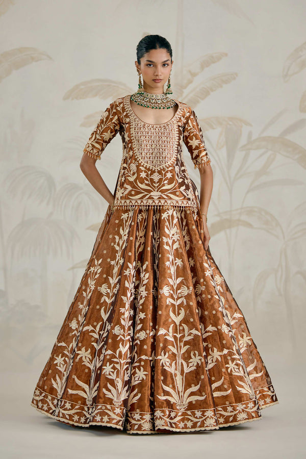Coffee Brown Kurti-Lehenga Set.