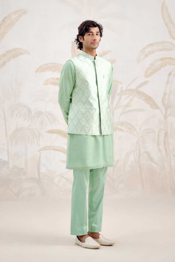 Sea Green Kurta & Waistcoat Set.