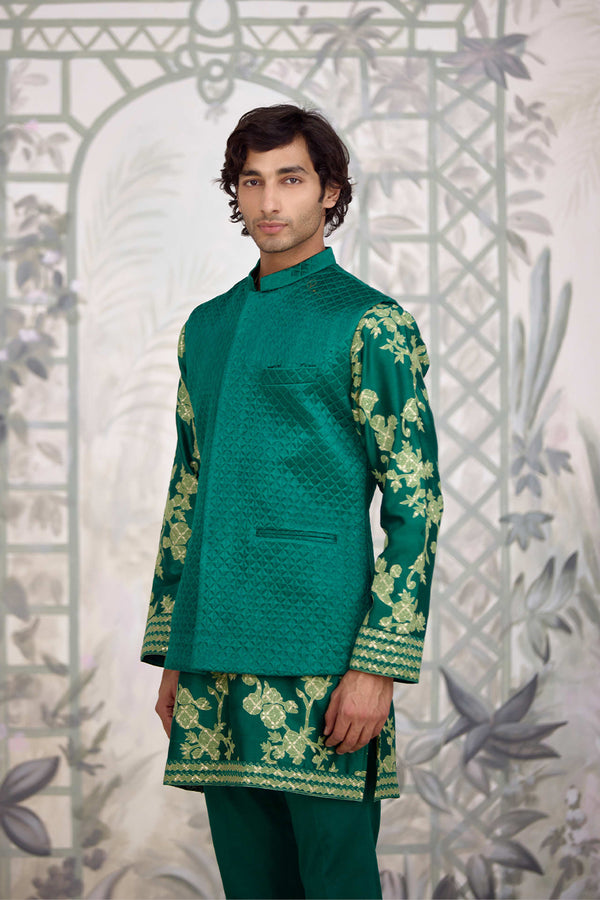 Forest Green Kurta & Waistcoat Set.