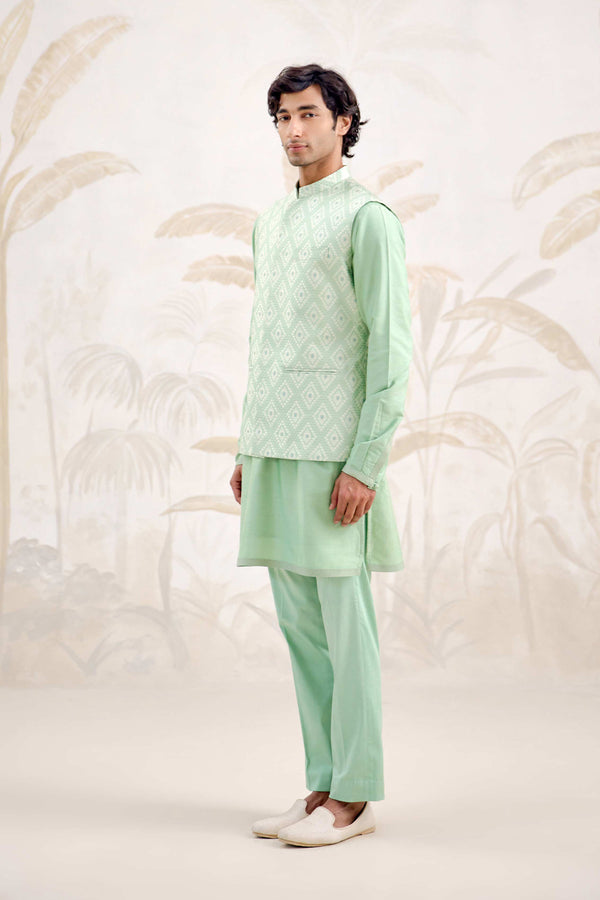 Sea Green Kurta & Waistcoat Set.