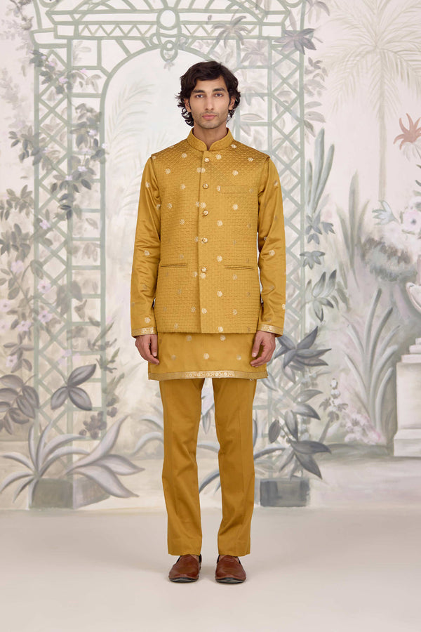 Mustard Kurta & Waistcoat Set.