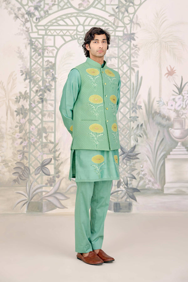 Green Kurta & Waistcoat Set.