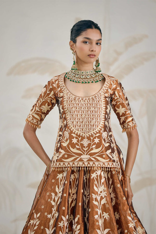Coffee Brown Kurti-Lehenga Set.