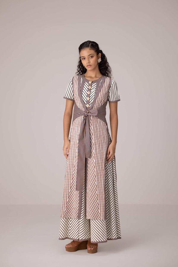 Panelled cotton maxi dress with buttoned front detailing paired with an open tie-up overlay.