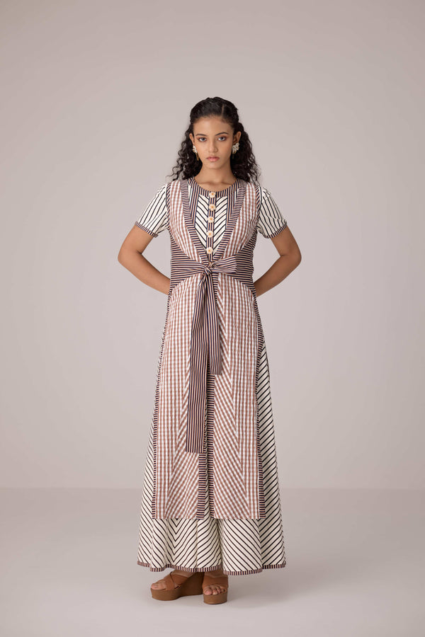 Panelled cotton maxi dress with buttoned front detailing paired with an open tie-up overlay.