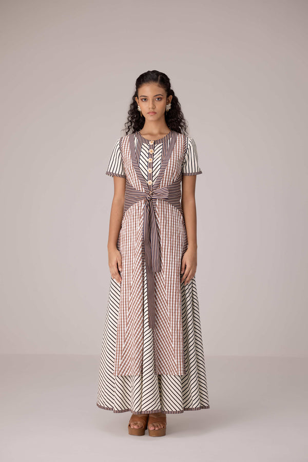Panelled cotton maxi dress with buttoned front detailing paired with an open tie-up overlay.