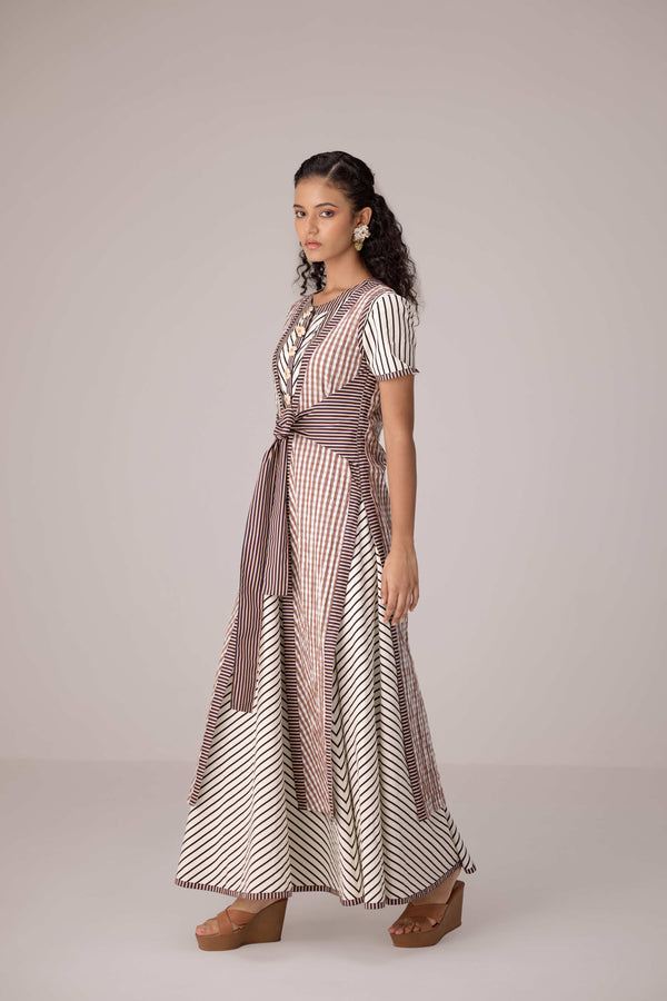 Panelled cotton maxi dress with buttoned front detailing paired with an open tie-up overlay.