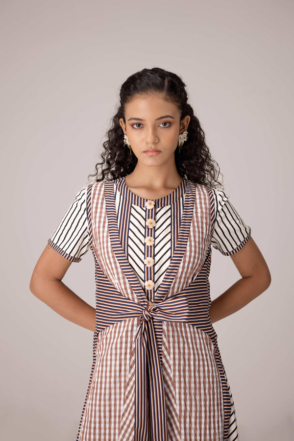 Panelled cotton maxi dress with buttoned front detailing paired with an open tie-up overlay.
