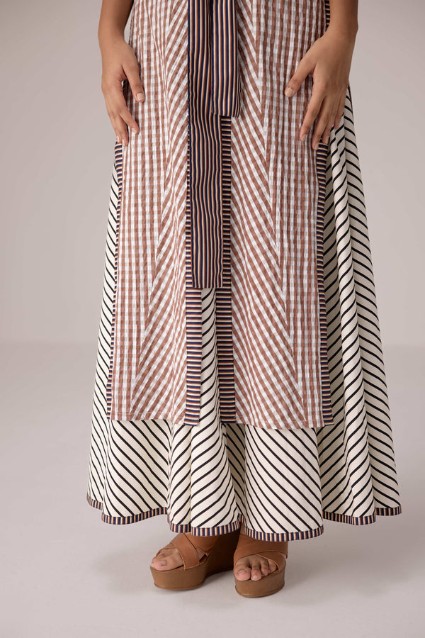 Panelled cotton maxi dress with buttoned front detailing paired with an open tie-up overlay.